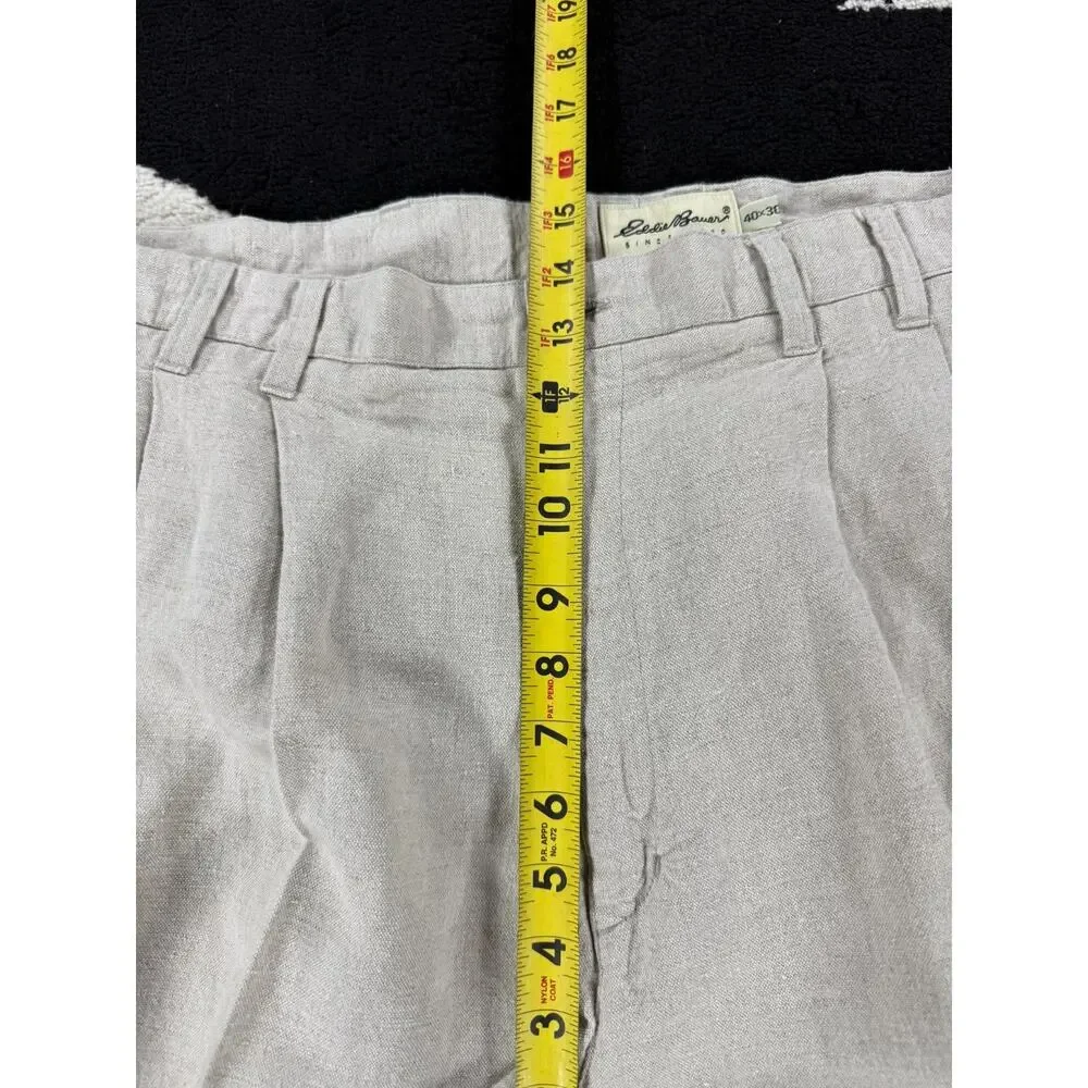 VINTAGE Eddie Bauer Pants Mens 40x30 Cream Linen Blend Beach Pleated Cuffed